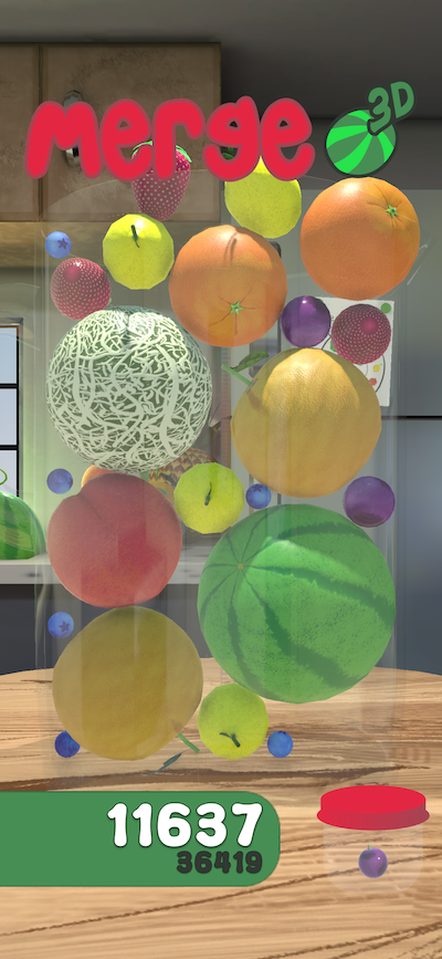 Game screenshot of a recent version of Melon Merge 3D in which a pitcher is filled with fruits.